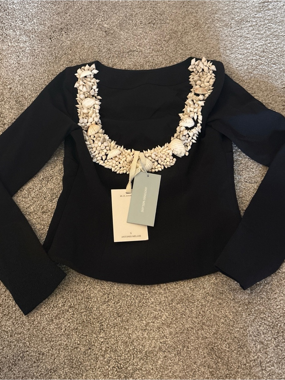 ANTONIO MELANI Black Long-Sleeve Top with Ivory Embellished Scoop Neck